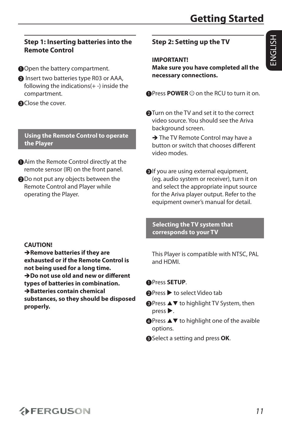 Getting started, 11 english | Ferguson Ariva HDplayer 210 User Manual | Page 15 / 36