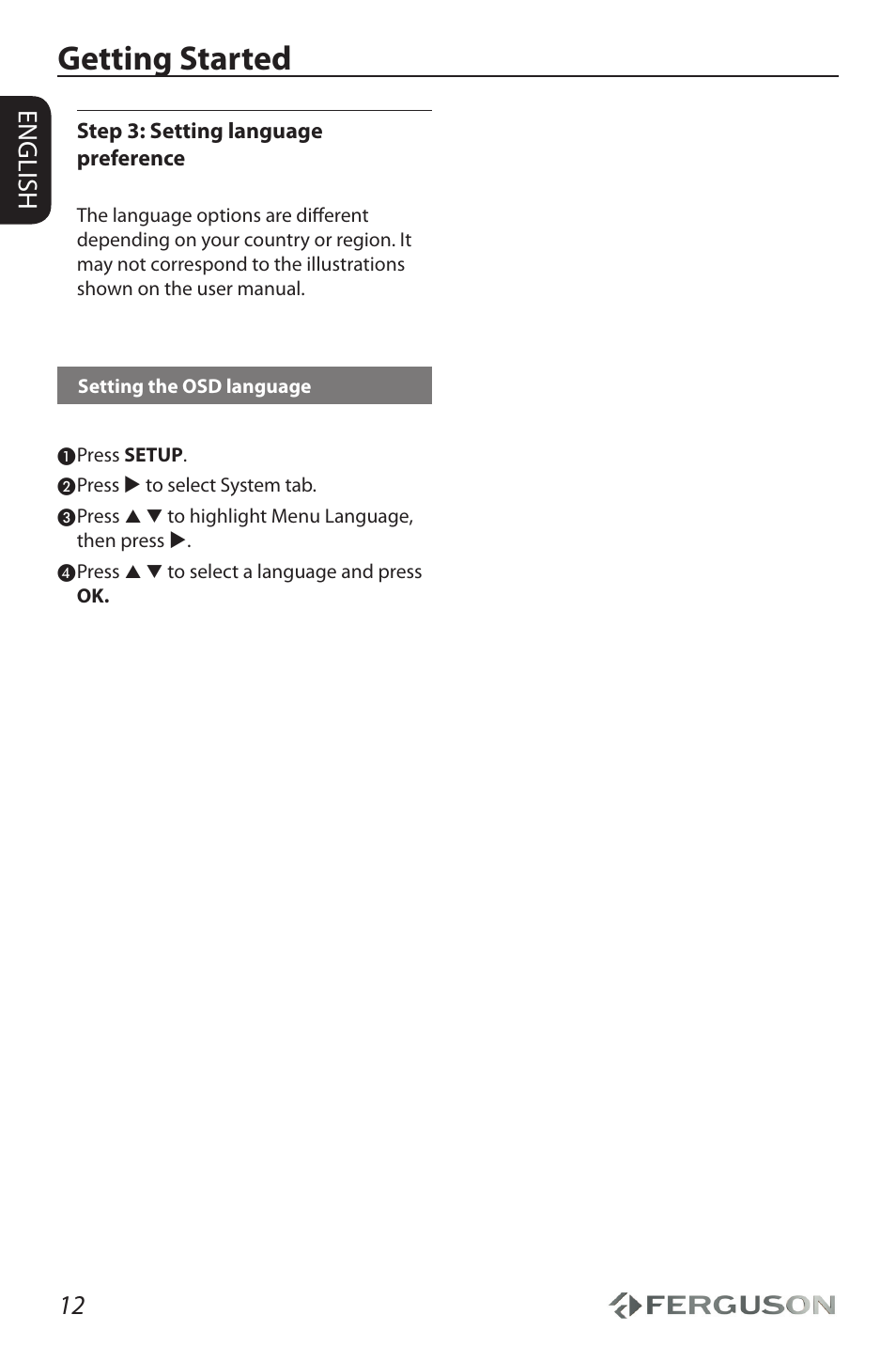 Getting started, 12 english | Ferguson Ariva HDplayer 210 User Manual | Page 16 / 36