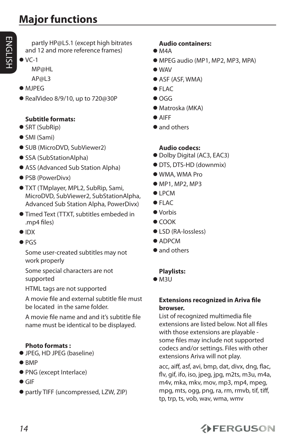 Major functions, 14 english | Ferguson Ariva HDplayer 210 User Manual | Page 18 / 36