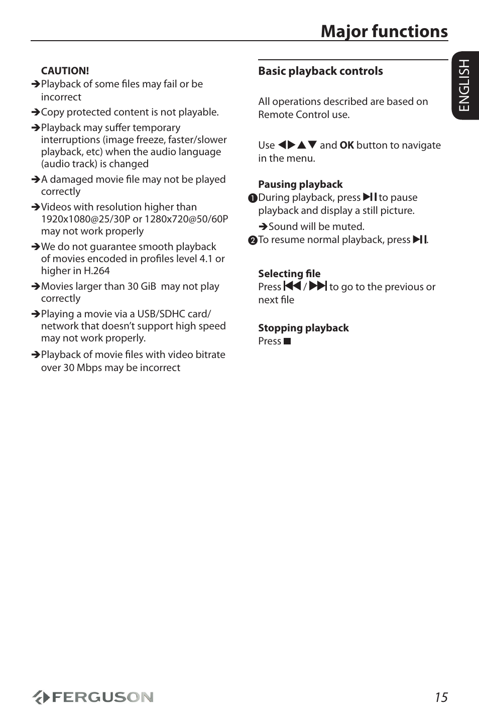 Major functions, 15 english | Ferguson Ariva HDplayer 210 User Manual | Page 19 / 36