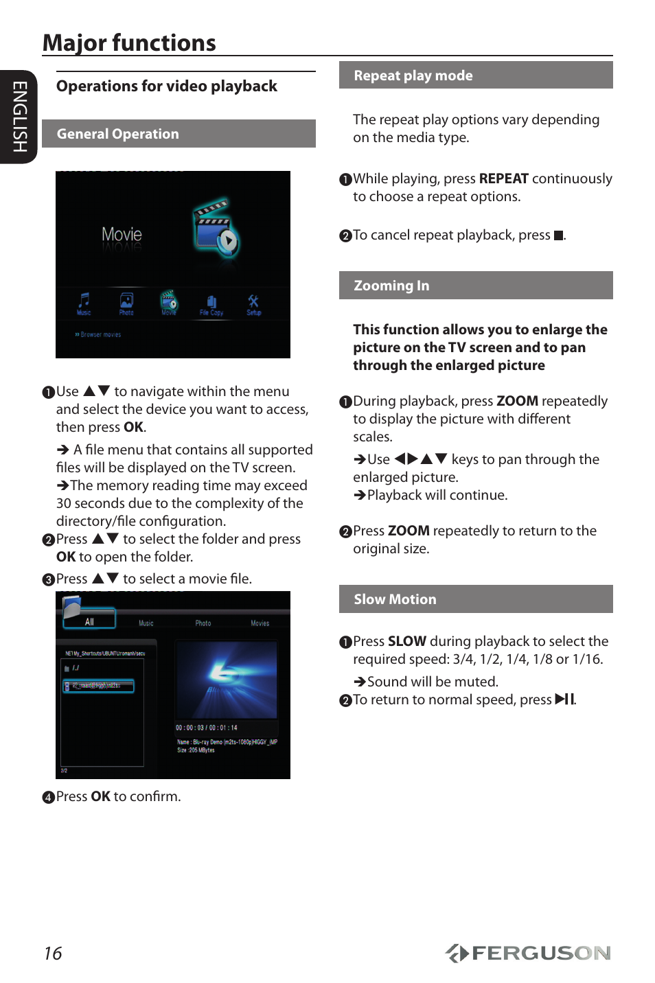 Major functions, 16 english | Ferguson Ariva HDplayer 210 User Manual | Page 20 / 36
