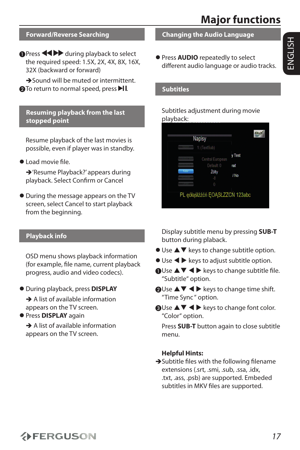 Major functions, 17 english | Ferguson Ariva HDplayer 210 User Manual | Page 21 / 36