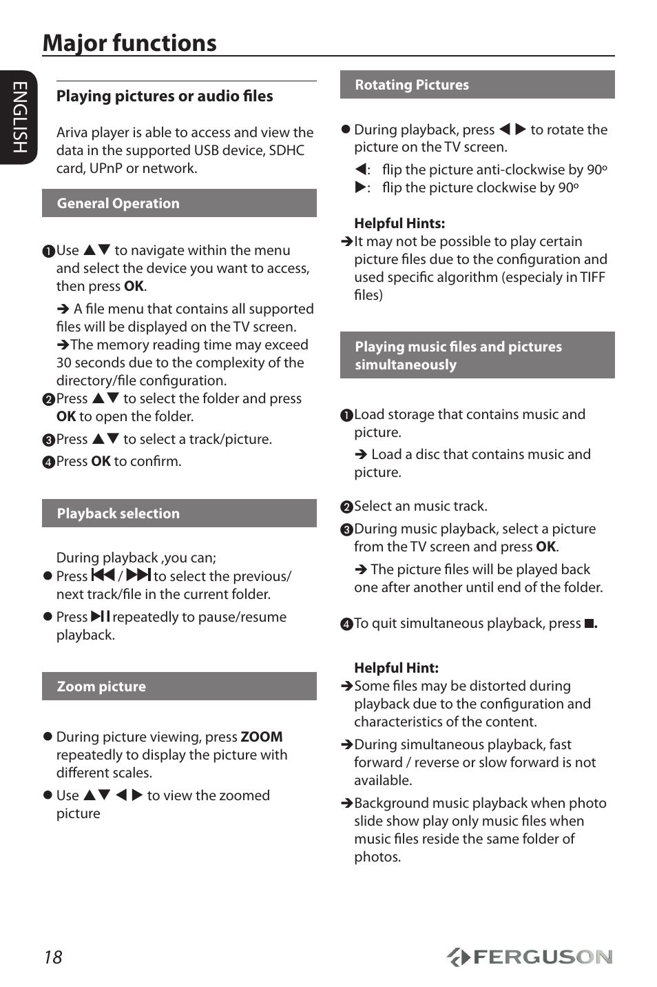 Major functions, 18 english | Ferguson Ariva HDplayer 210 User Manual | Page 22 / 36