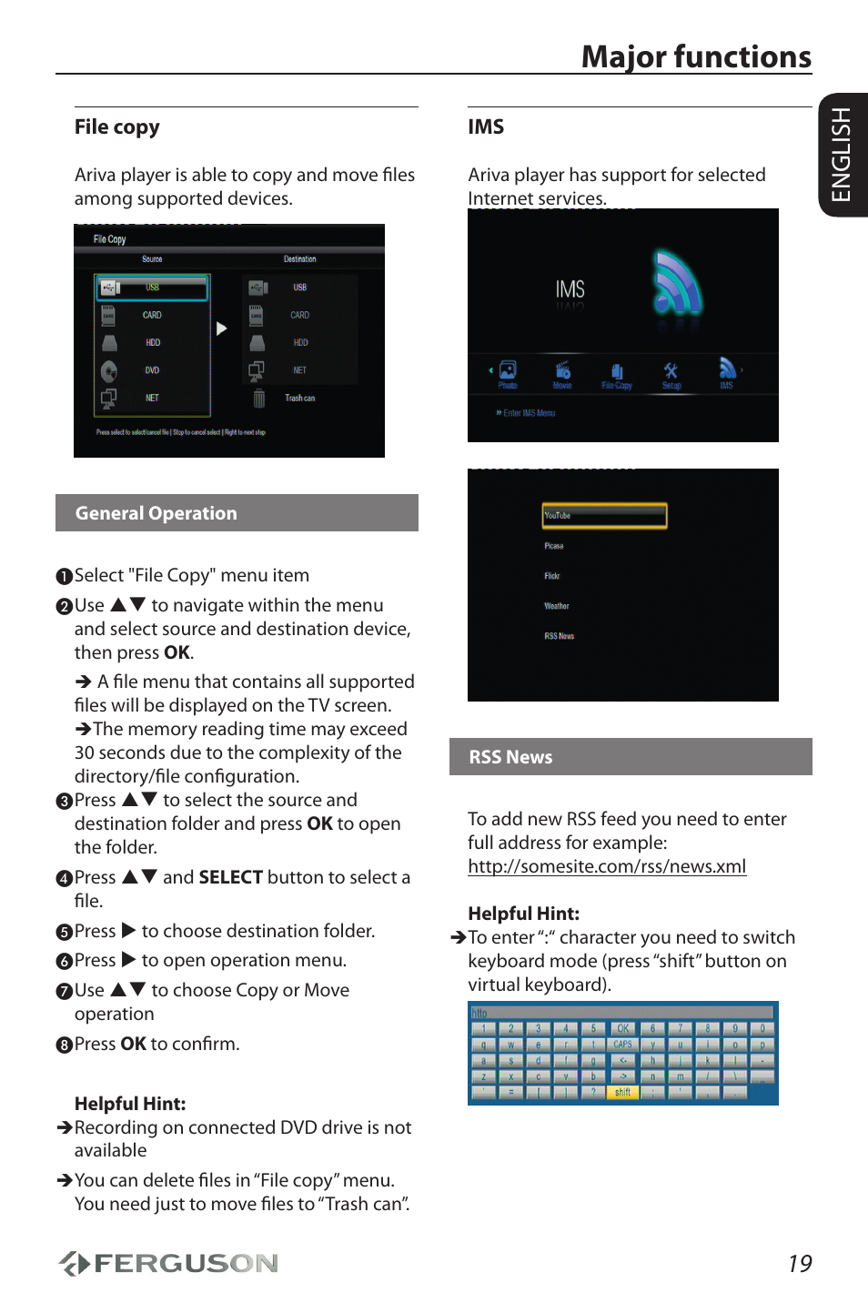 Major functions, 19 english | Ferguson Ariva HDplayer 210 User Manual | Page 23 / 36