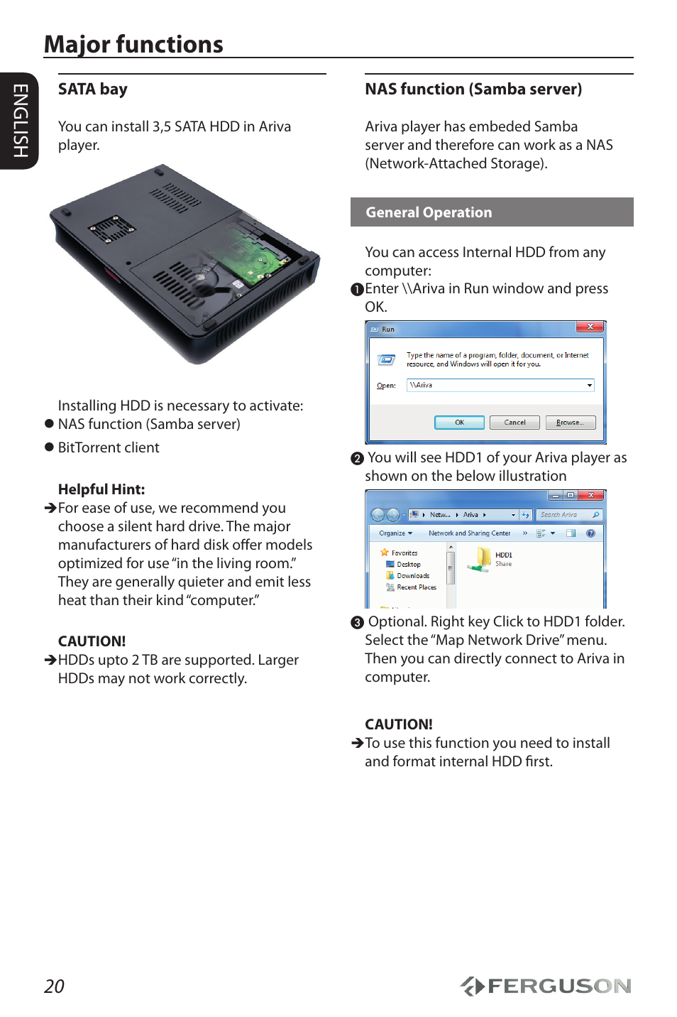 Major functions, 20 english | Ferguson Ariva HDplayer 210 User Manual | Page 24 / 36