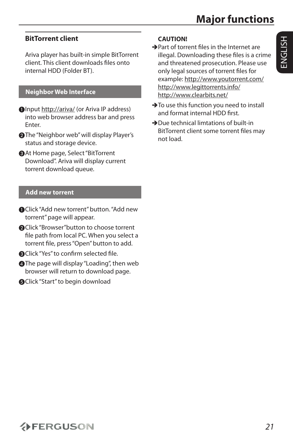 Major functions, 21 english | Ferguson Ariva HDplayer 210 User Manual | Page 25 / 36