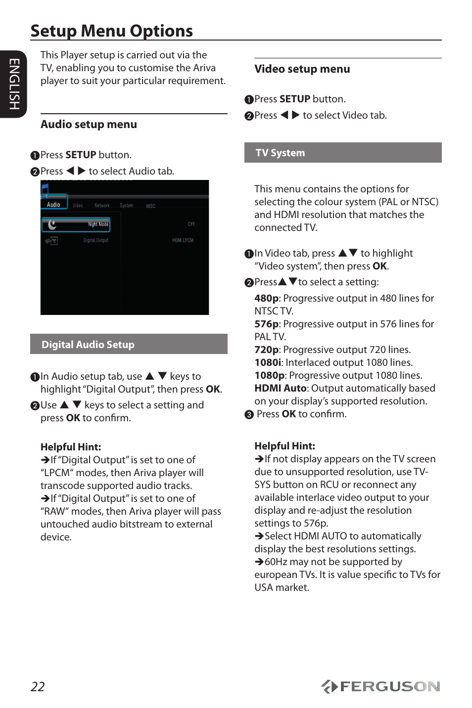 Setup menu options, 22 english | Ferguson Ariva HDplayer 210 User Manual | Page 26 / 36