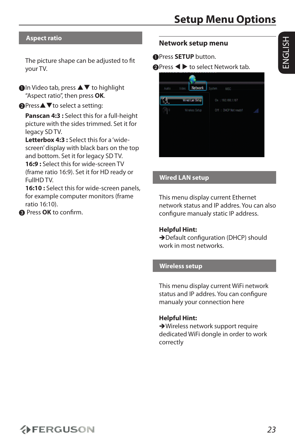Setup menu options, 23 english | Ferguson Ariva HDplayer 210 User Manual | Page 27 / 36