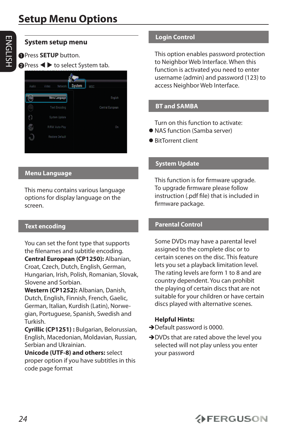 Setup menu options, 24 english | Ferguson Ariva HDplayer 210 User Manual | Page 28 / 36