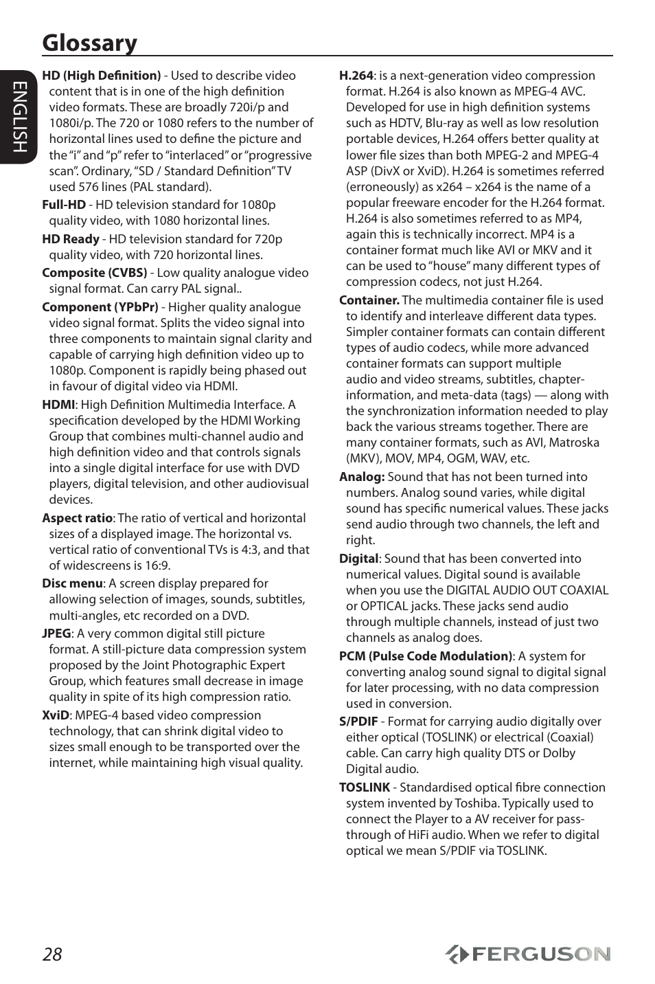 Glossary, 28 english | Ferguson Ariva HDplayer 210 User Manual | Page 32 / 36