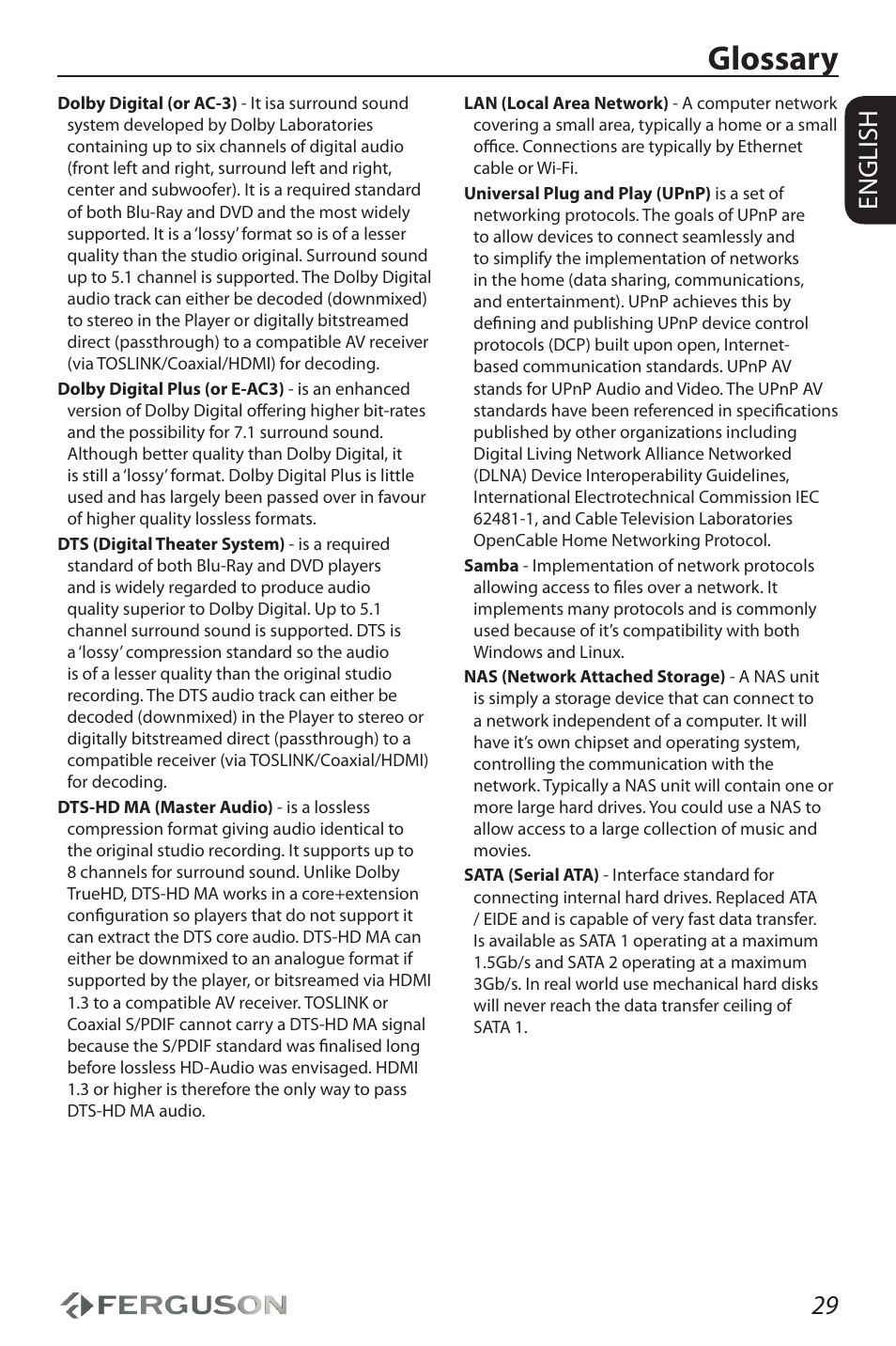 Glossary, 29 english | Ferguson Ariva HDplayer 210 User Manual | Page 33 / 36