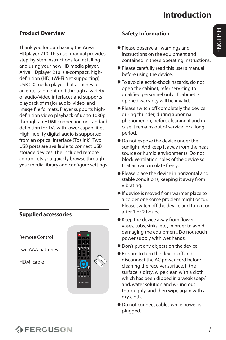 Introduction, 1english | Ferguson Ariva HDplayer 210 User Manual | Page 5 / 36