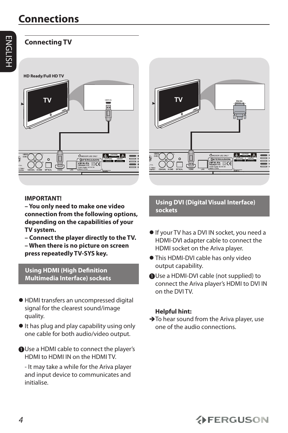 Connections, English, Connecting tv | Ferguson Ariva HDplayer 210 User Manual | Page 8 / 36