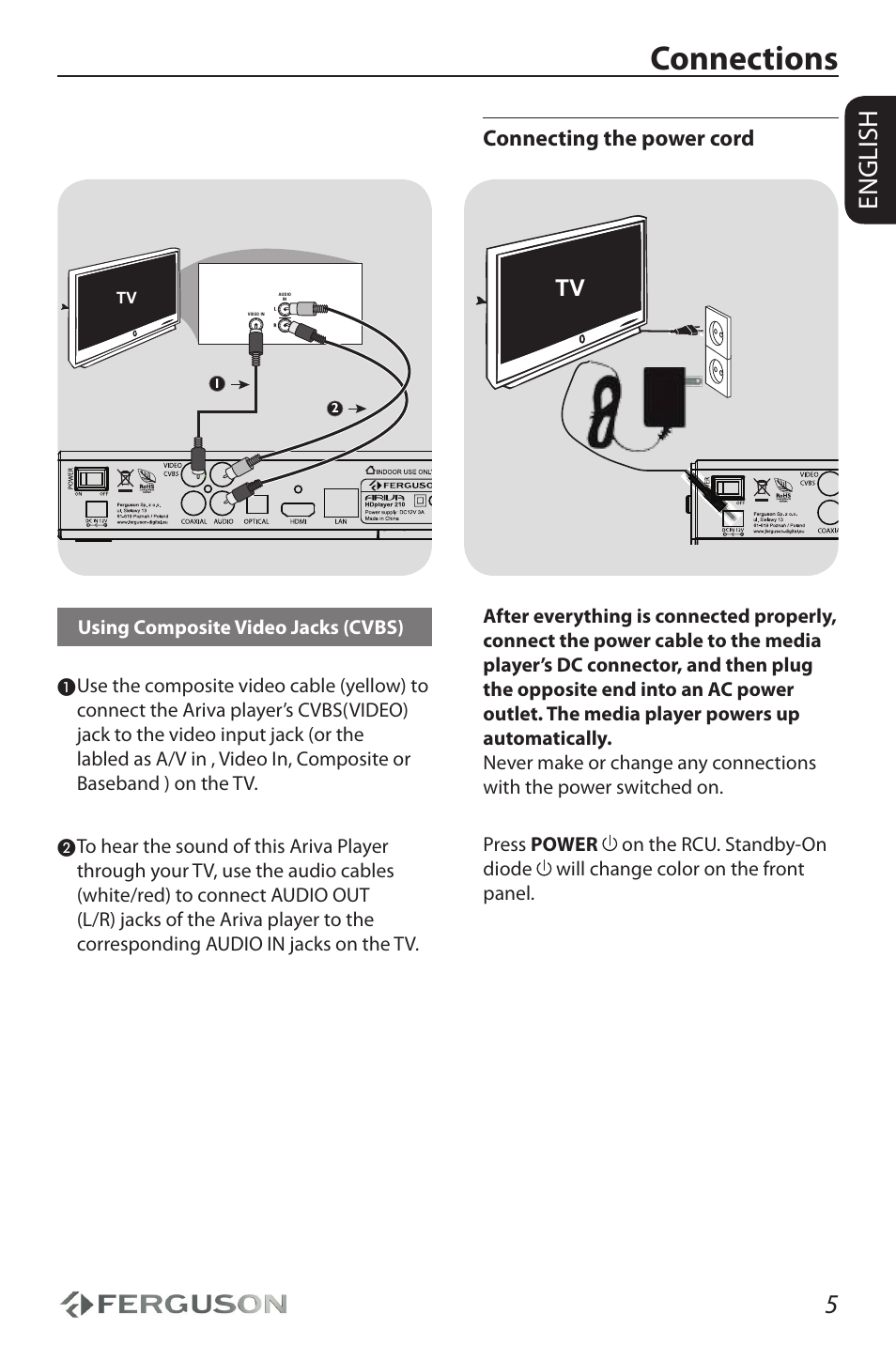 Connections, English, Connecting the power cord | Using composite video jacks (cvbs) | Ferguson Ariva HDplayer 210 User Manual | Page 9 / 36