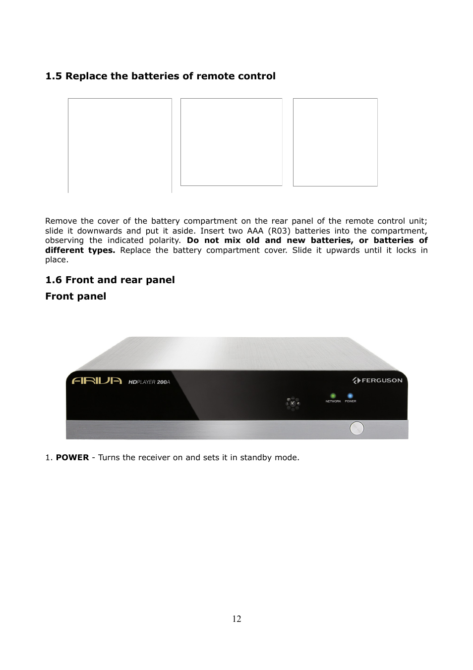 5 replace the batteries of remote control, 6 front and rear panel | Ferguson Ariva HDplayer 200A User Manual | Page 12 / 46