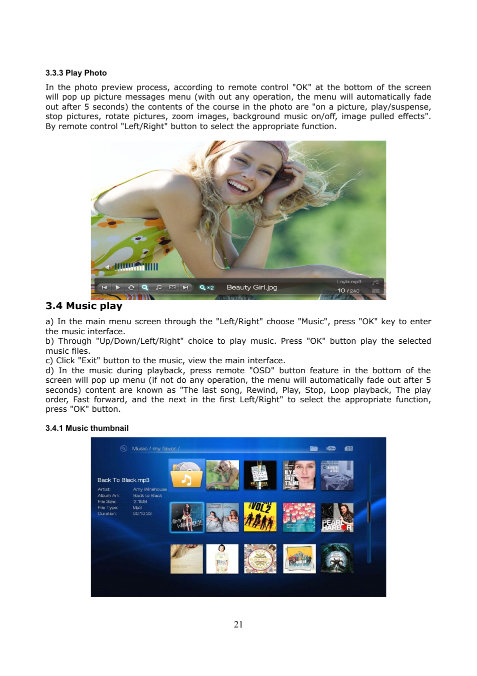 3 play photo, 4 music play, 1 music thumbnail | Ferguson Ariva HDplayer 200A User Manual | Page 21 / 46