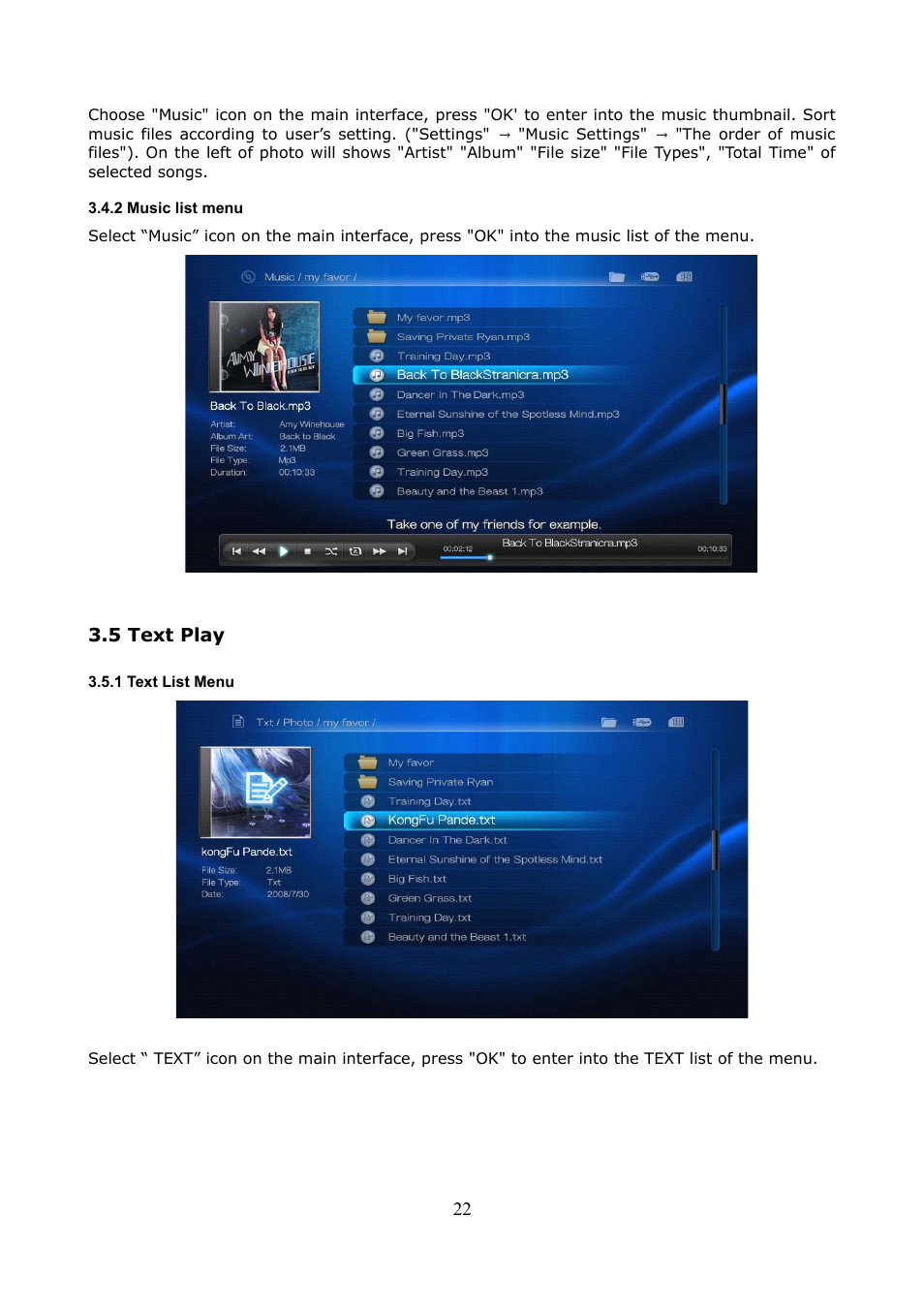 2 music list menu, 5 text play, 1 text list menu | Ferguson Ariva HDplayer 200A User Manual | Page 22 / 46