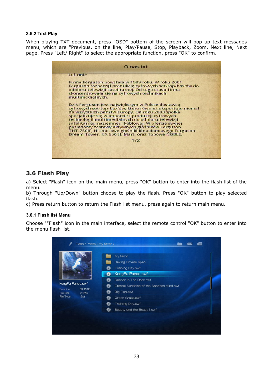 2 text play, 6 flash play, 1 flash list menu | Ferguson Ariva HDplayer 200A User Manual | Page 23 / 46