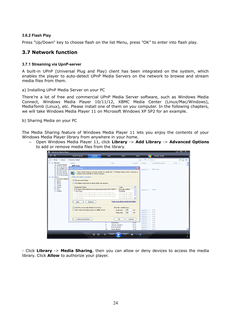 2 flash play, 7 network function, 1 streaming via upnp-server | A) installing upnp media server on your pc, B) sharing media on your pc | Ferguson Ariva HDplayer 200A User Manual | Page 24 / 46