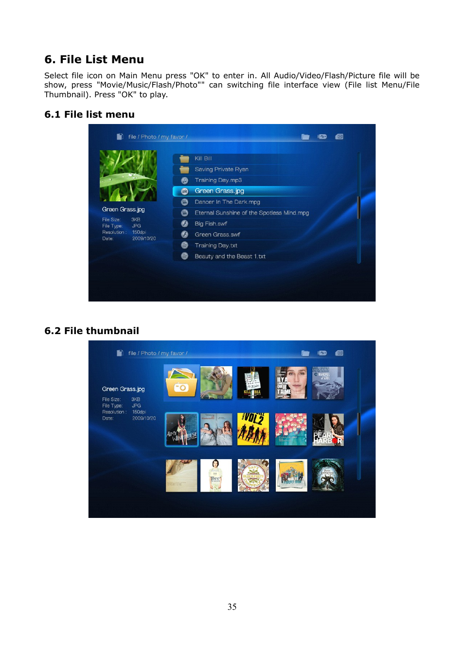 File list menu, 1 file list menu, 2 file thumbnail | Ferguson Ariva HDplayer 200A User Manual | Page 35 / 46