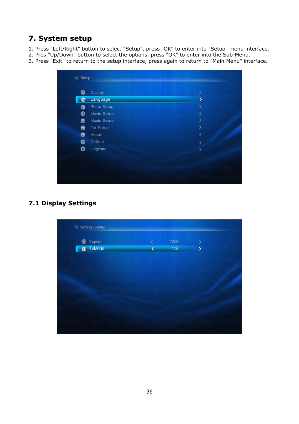 System setup, 1 display settings | Ferguson Ariva HDplayer 200A User Manual | Page 36 / 46