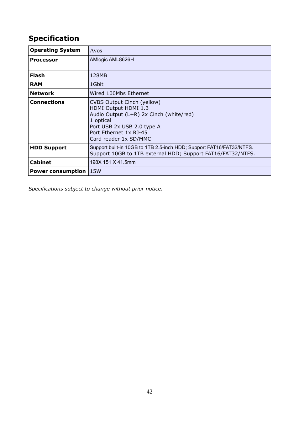 Specification | Ferguson Ariva HDplayer 200A User Manual | Page 42 / 46