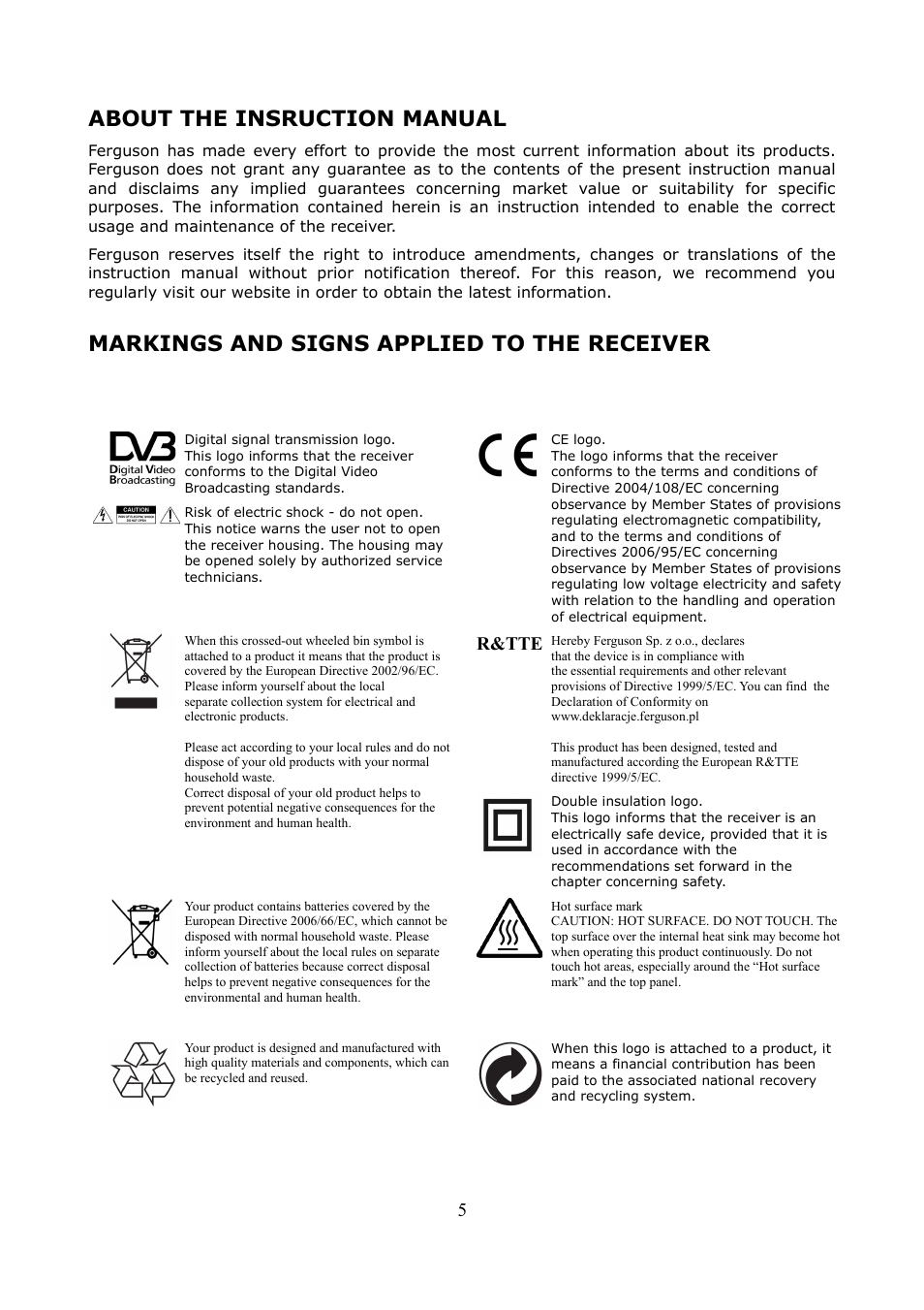 About the insruction manual, Markings and signs applied to the receiver, R&tte | Ferguson Ariva HDplayer 200A User Manual | Page 5 / 46