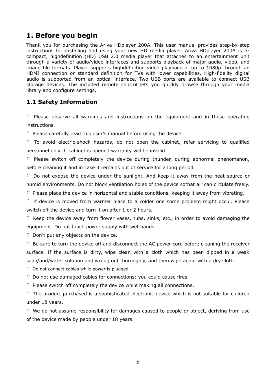 Before you begin, 1 safety information | Ferguson Ariva HDplayer 200A User Manual | Page 6 / 46