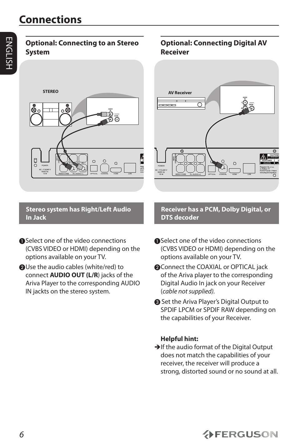 Connections, English, Optional: connecting to an stereo system | Optional: connecting digital av receiver, Stereo system has right/left audio in jack, Receiver has a pcm, dolby digital, or dts decoder | Ferguson Ariva HDplayer 150DVD User Manual | Page 10 / 32