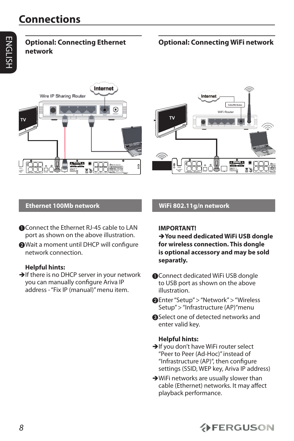 Connections, English, Optional: connecting ethernet network | Optional: connecting wifi network | Ferguson Ariva HDplayer 150DVD User Manual | Page 12 / 32