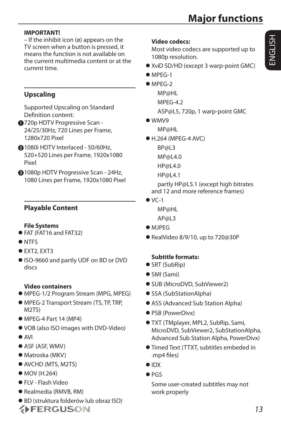 Major functions, 13 english | Ferguson Ariva HDplayer 150DVD User Manual | Page 17 / 32