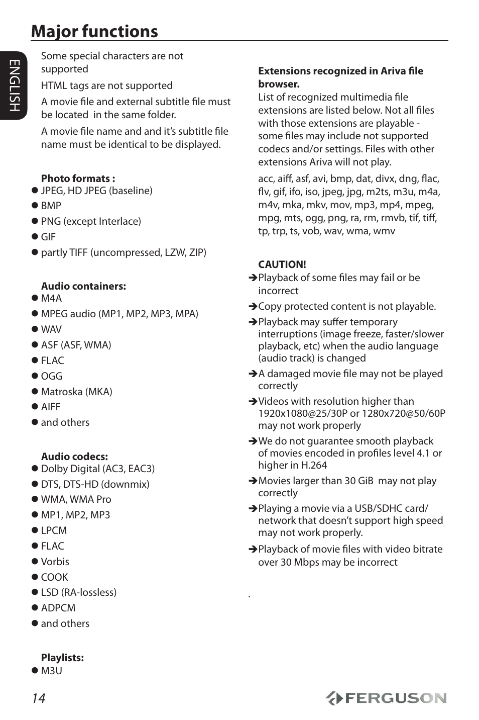 Major functions, 14 english | Ferguson Ariva HDplayer 150DVD User Manual | Page 18 / 32