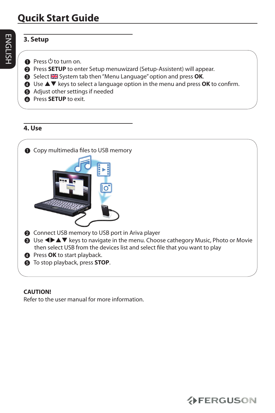 Qucik start guide, English, Setup | Ferguson Ariva HDplayer 150DVD User Manual | Page 2 / 32
