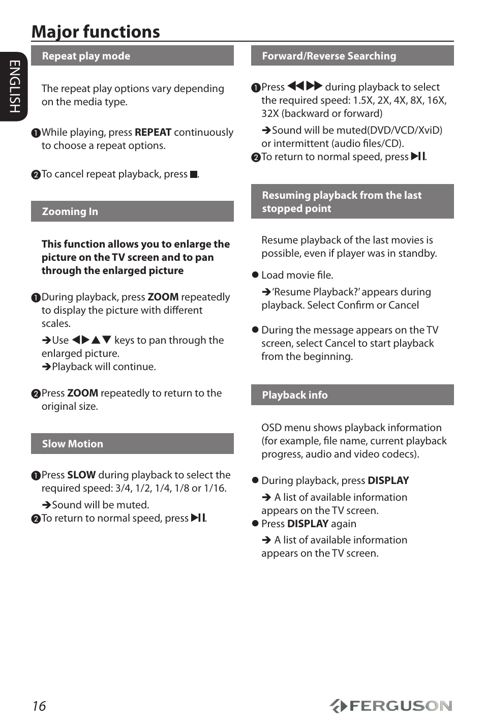 Major functions, 16 english | Ferguson Ariva HDplayer 150DVD User Manual | Page 20 / 32