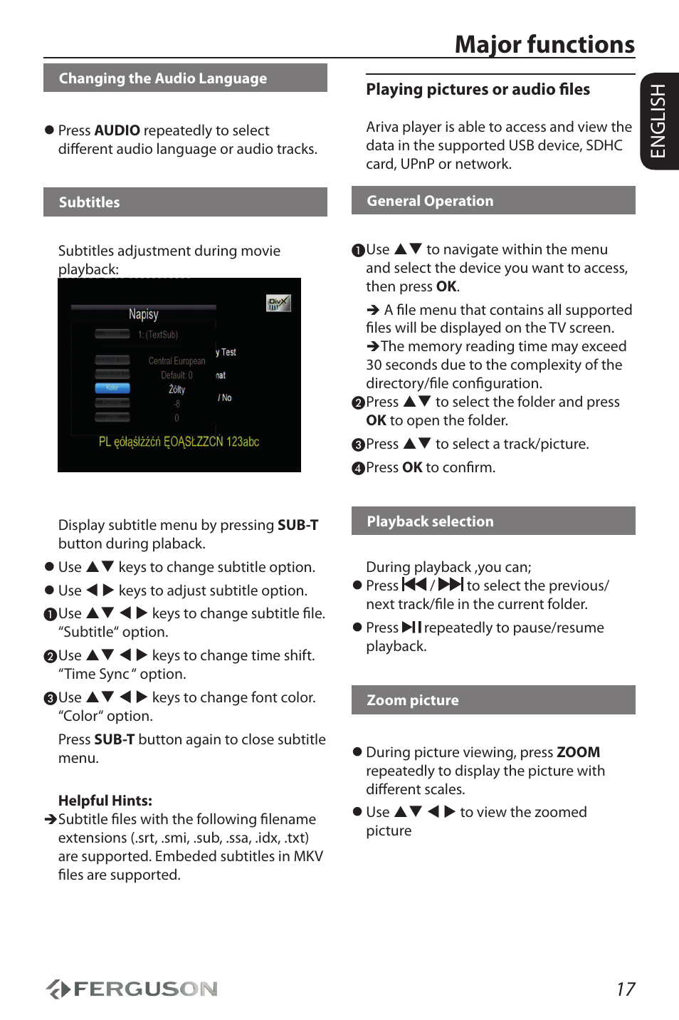 Major functions, 17 english | Ferguson Ariva HDplayer 150DVD User Manual | Page 21 / 32