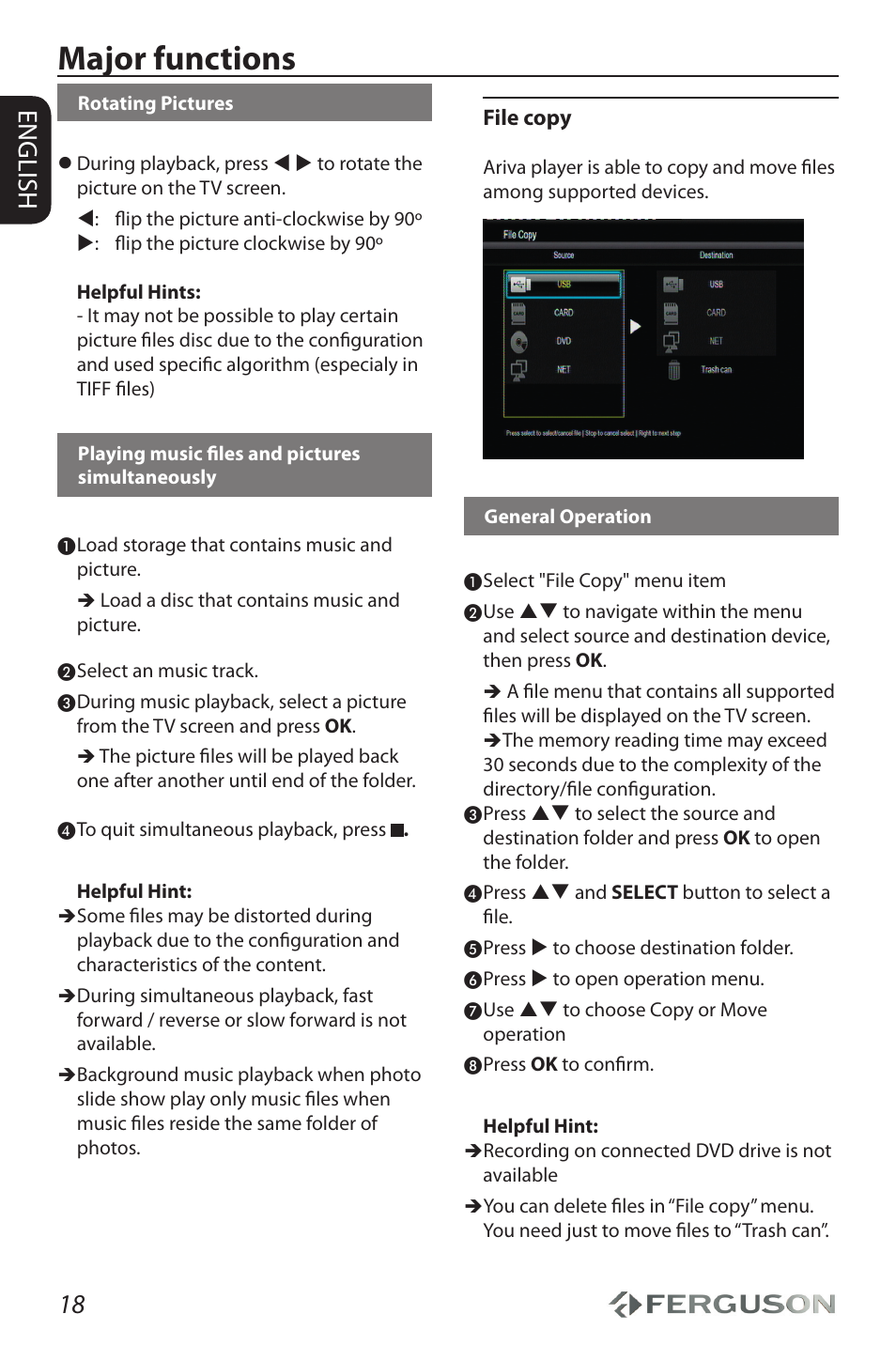 Major functions, 18 english | Ferguson Ariva HDplayer 150DVD User Manual | Page 22 / 32