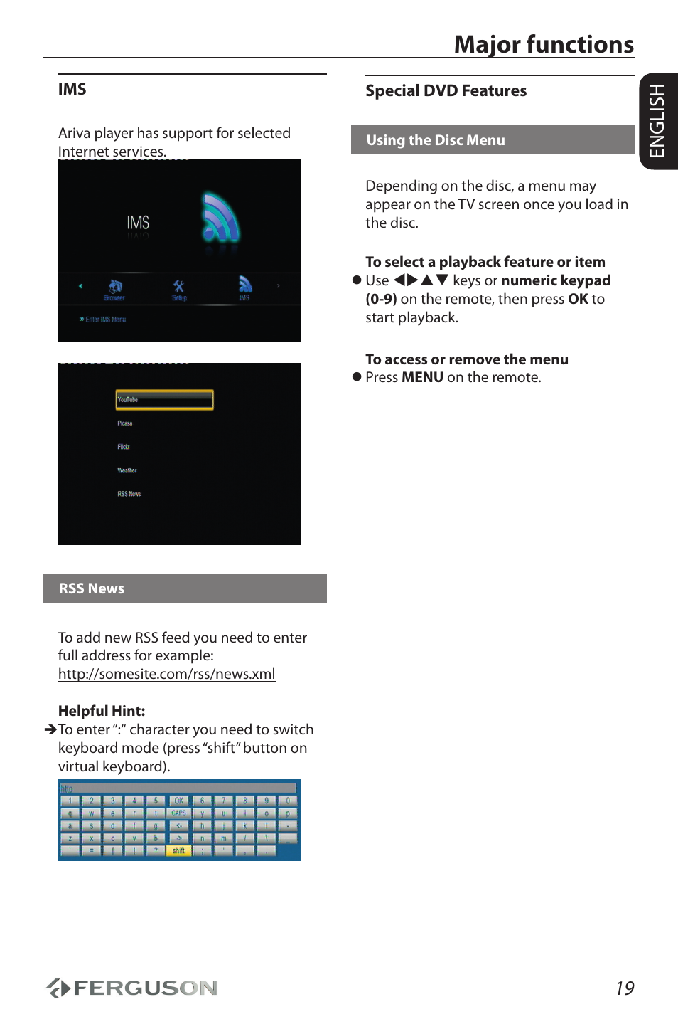 Major functions, 19 english | Ferguson Ariva HDplayer 150DVD User Manual | Page 23 / 32