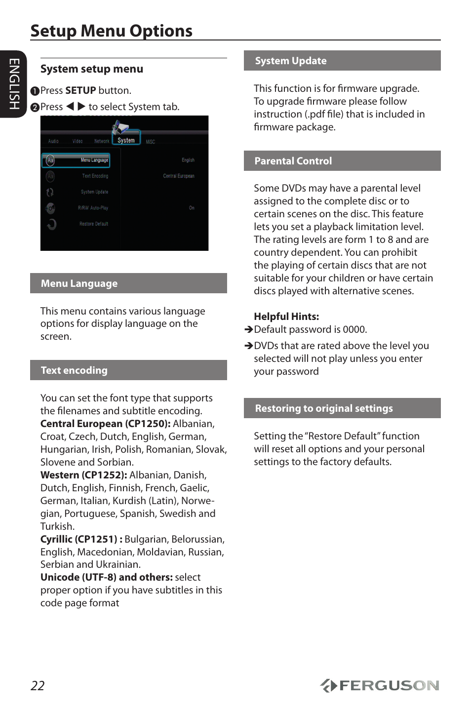 Setup menu options, 22 english | Ferguson Ariva HDplayer 150DVD User Manual | Page 26 / 32