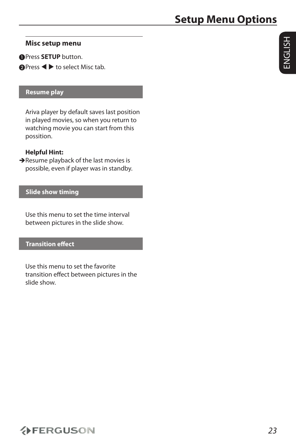 Setup menu options, 23 english | Ferguson Ariva HDplayer 150DVD User Manual | Page 27 / 32