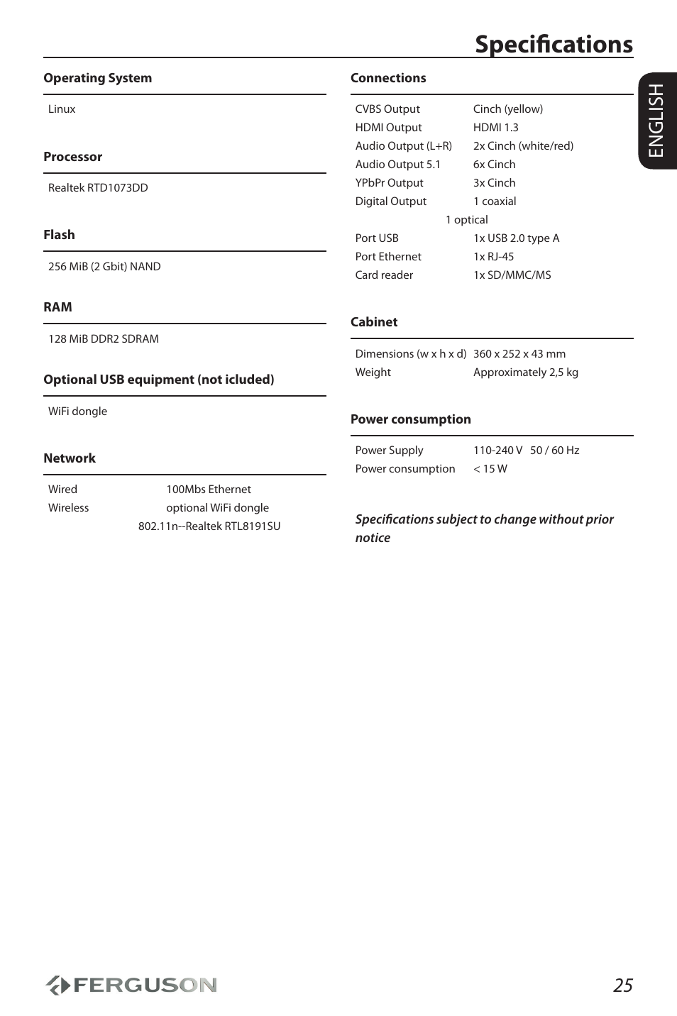 Specifications, 25 english | Ferguson Ariva HDplayer 150DVD User Manual | Page 29 / 32