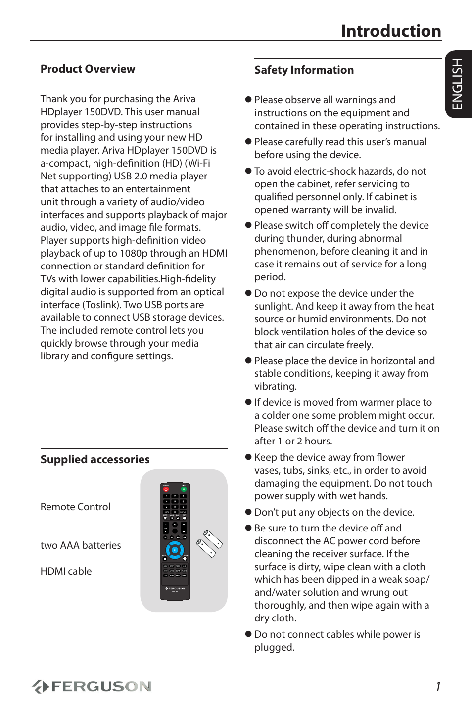 Introduction, 1english | Ferguson Ariva HDplayer 150DVD User Manual | Page 5 / 32