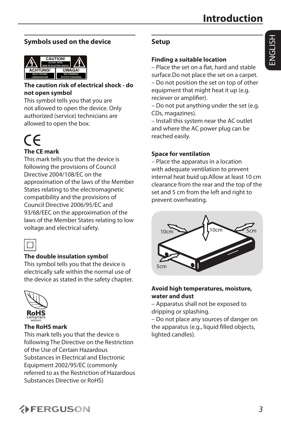 Introduction, 3english, Setup | Symbols used on the device | Ferguson Ariva HDplayer 150DVD User Manual | Page 7 / 32