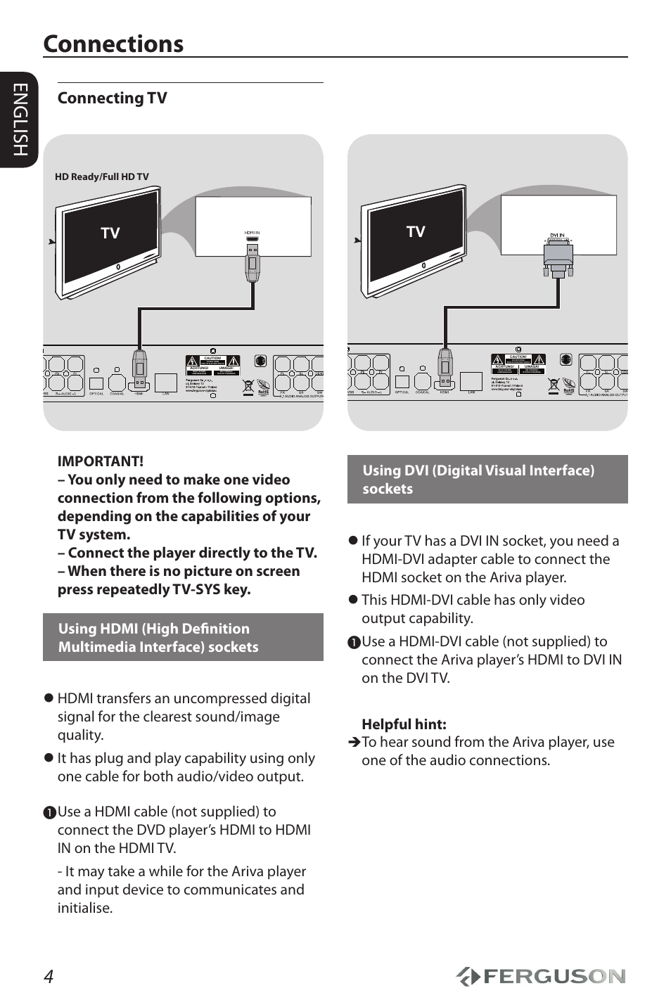 Connections, English, Connecting tv | Ferguson Ariva HDplayer 150DVD User Manual | Page 8 / 32