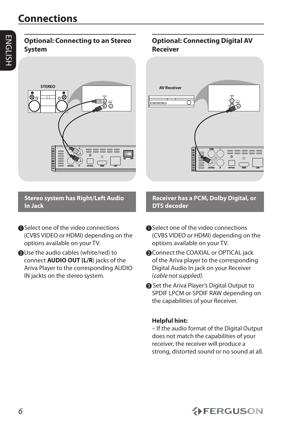 Connections, English, Optional: connecting to an stereo system | Optional: connecting digital av receiver | Ferguson Ariva HDplayer 110 User Manual | Page 10 / 30