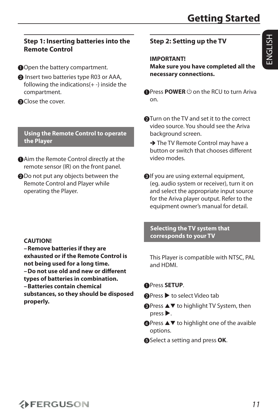 Getting started, 11 english | Ferguson Ariva HDplayer 110 User Manual | Page 15 / 30