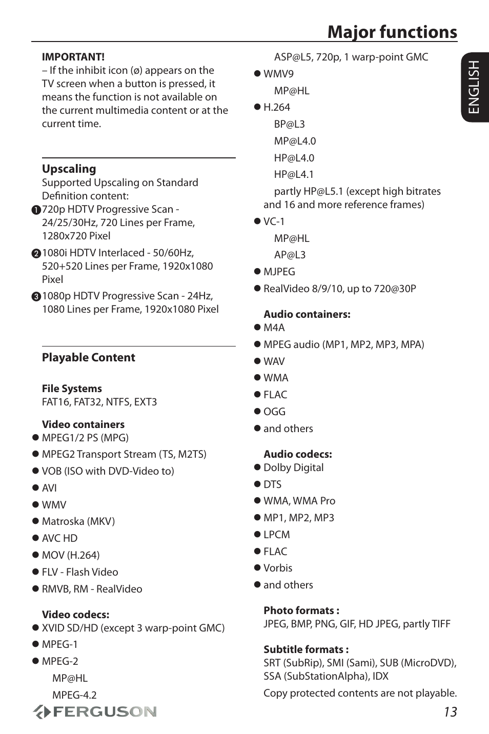 Major functions, 13 english | Ferguson Ariva HDplayer 110 User Manual | Page 17 / 30