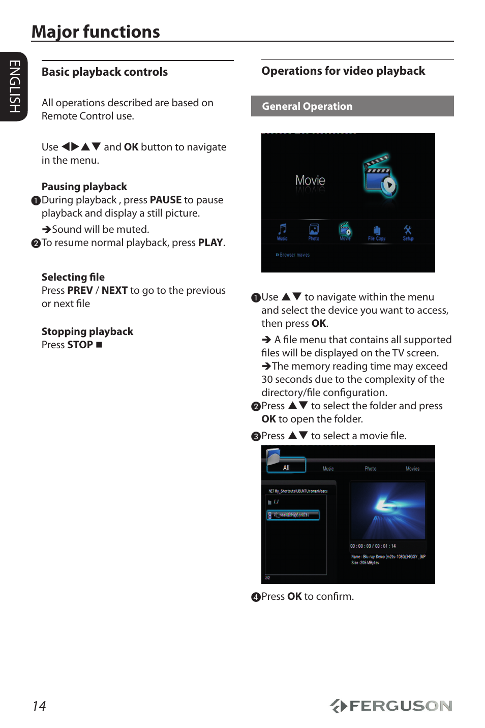 Major functions, 14 english | Ferguson Ariva HDplayer 110 User Manual | Page 18 / 30