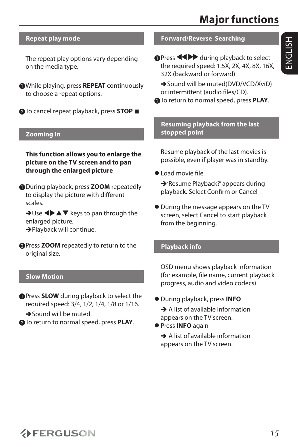 Major functions, 15 english | Ferguson Ariva HDplayer 110 User Manual | Page 19 / 30
