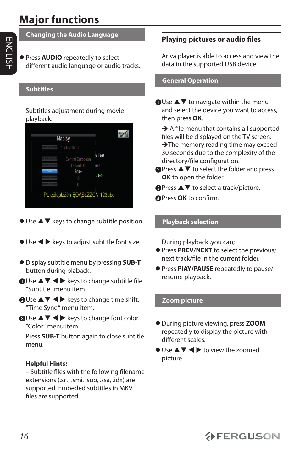Major functions, 16 english | Ferguson Ariva HDplayer 110 User Manual | Page 20 / 30