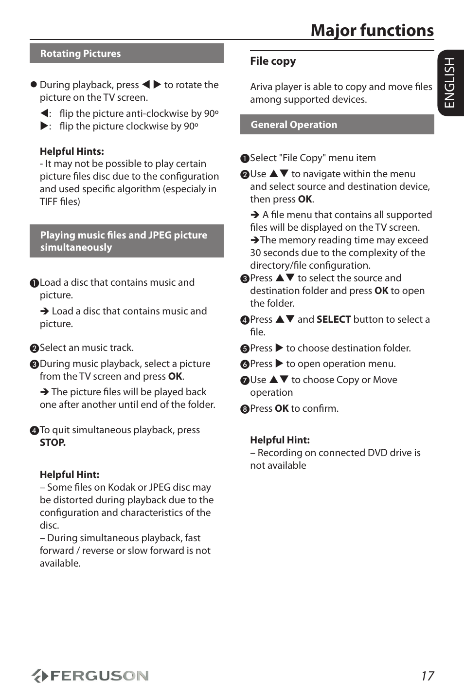 Major functions, 17 english | Ferguson Ariva HDplayer 110 User Manual | Page 21 / 30